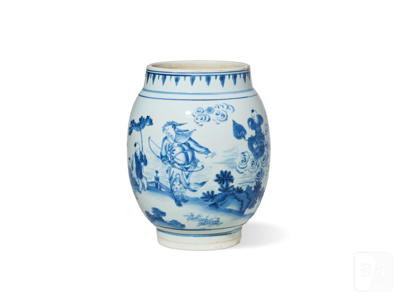 明崇祯 青花张仙送子图莲子罐